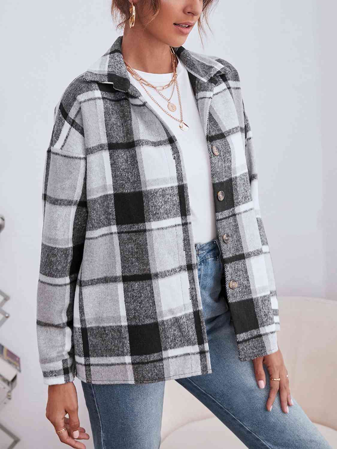 Plaid Collared Neck Button Down Jacket