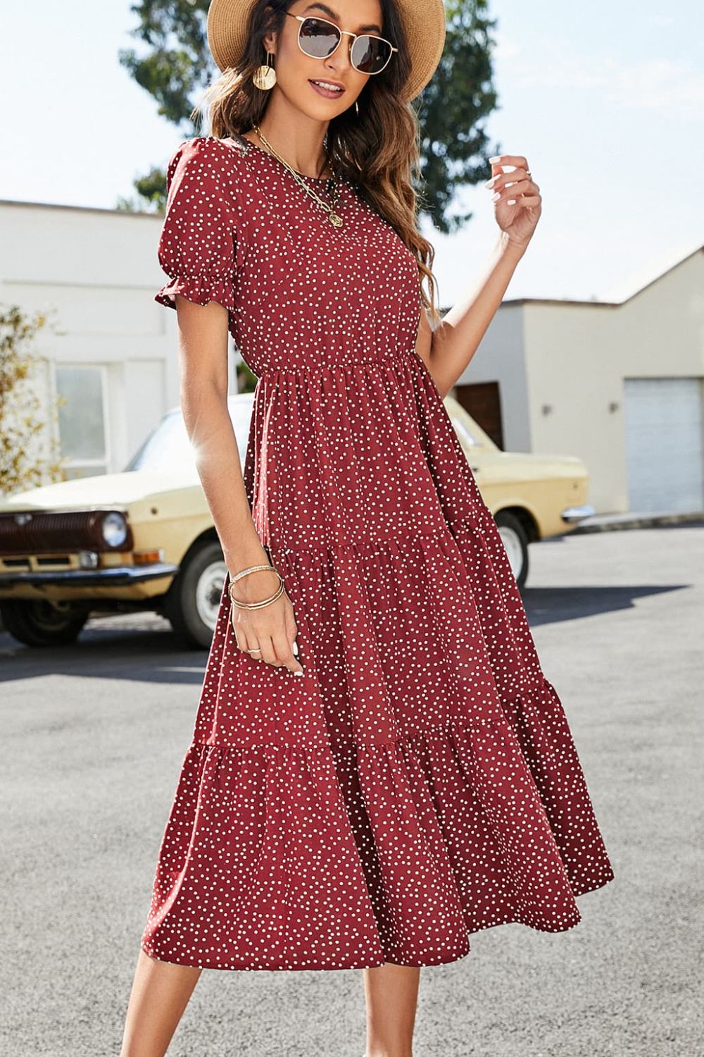 Polka Dot Short Flounce Sleeve Tiered Midi Dress