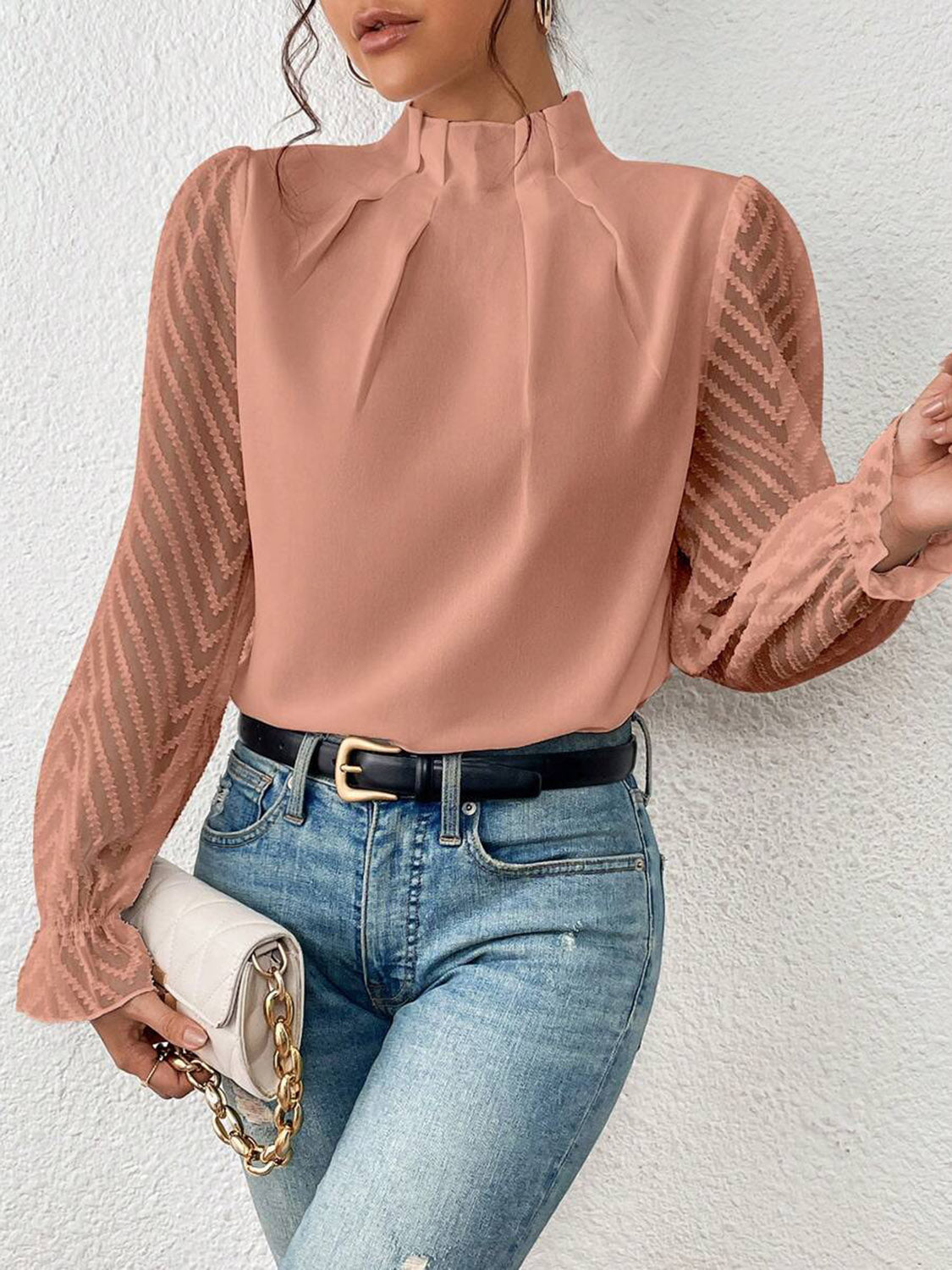 Look Like a Boss Mock Neck Flounce Sleeve Blouse