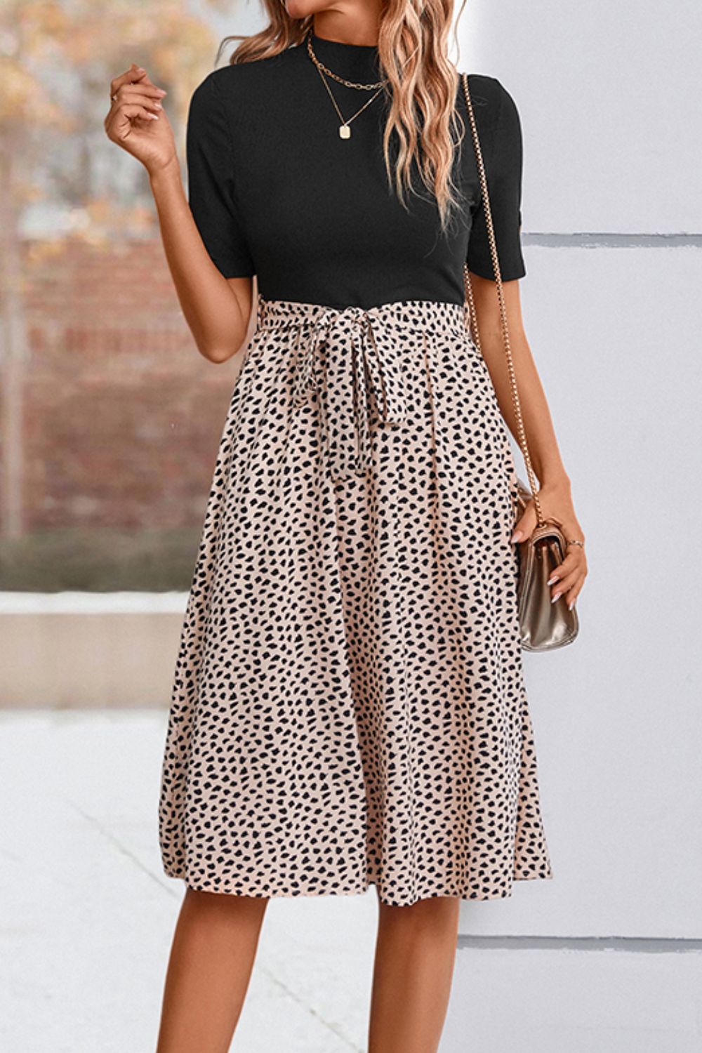 Printed Short Sleeve Belted Dress