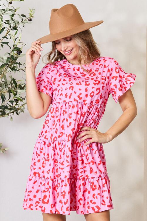 Double Take Pink Red Flounce Sleeve Tiered Dress