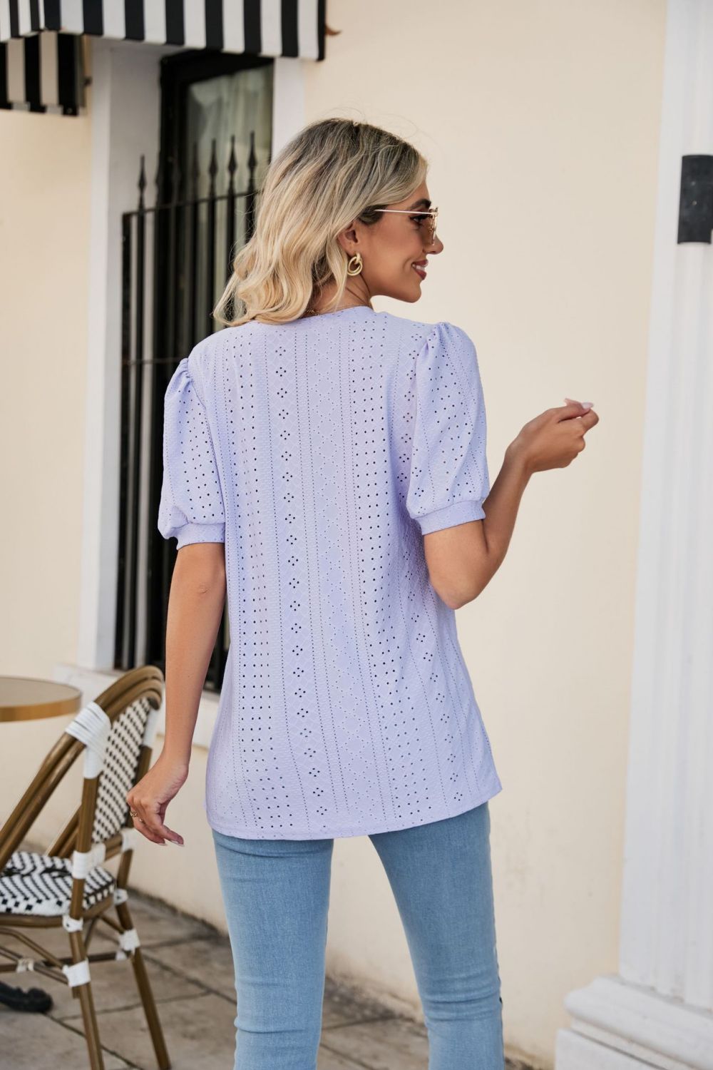 Eyelet Puff Sleeve V-Neck Top