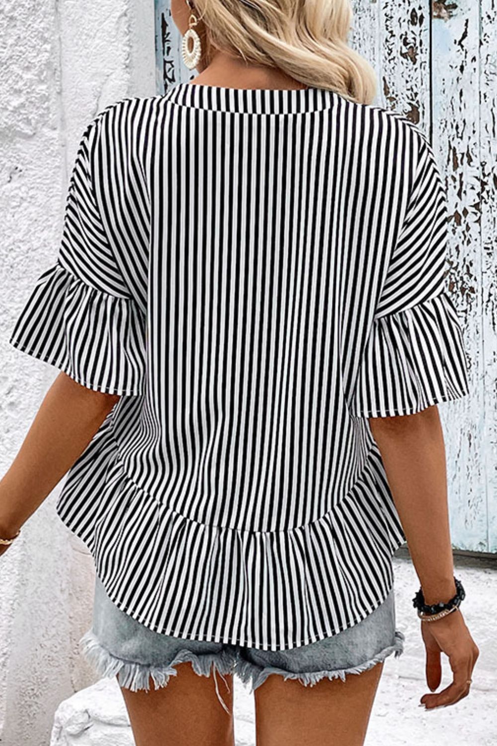 Striped Asymmetrical Flounce Sleeve Blouse