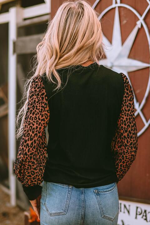 Leopard Roar Long Sleeve Ribbed Knit Blouse