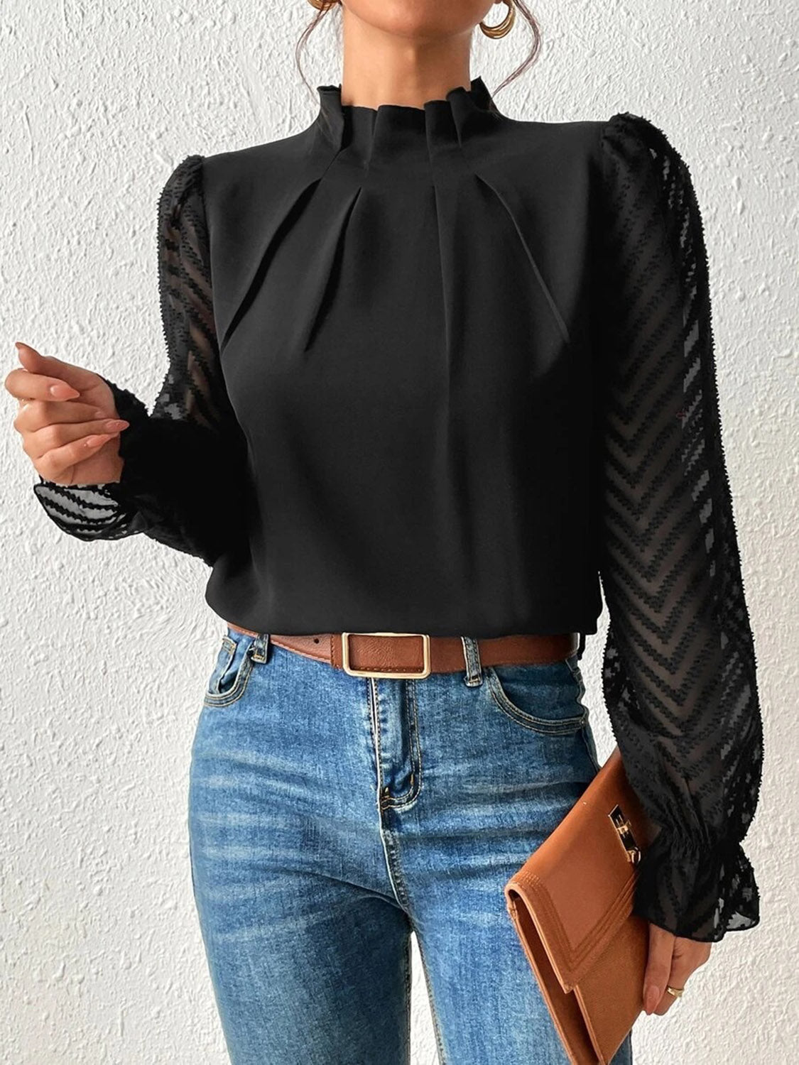 Look Like a Boss Mock Neck Flounce Sleeve Blouse