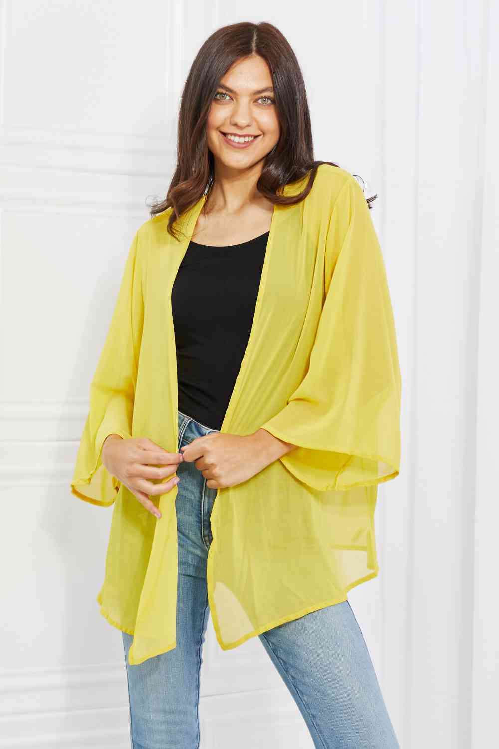 Melody Just Breathe Full Size Chiffon Kimono in Yellow