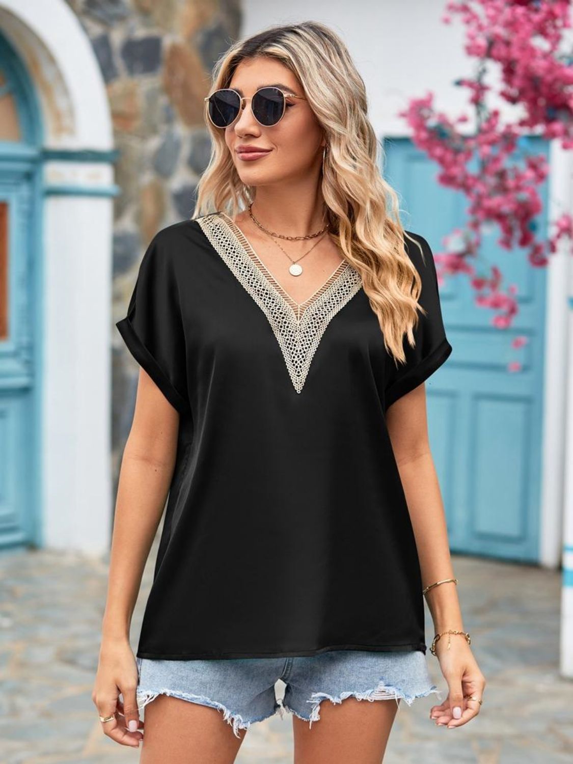 V-Neck Cuffed Blouse