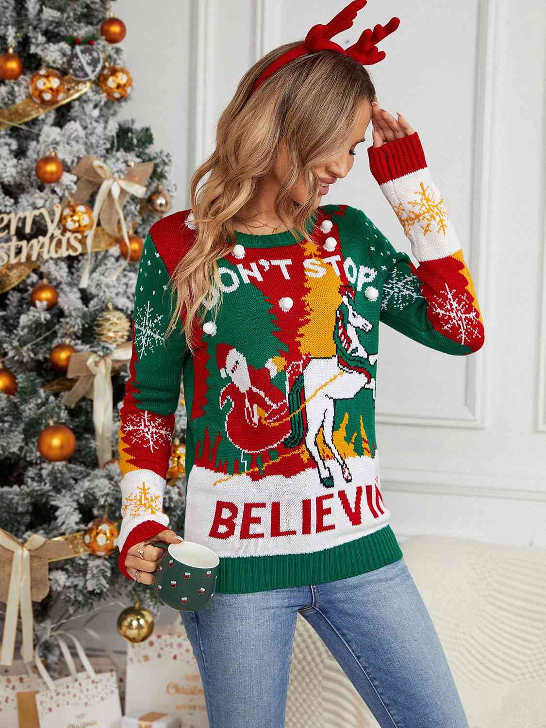 Santa Reindeer Round Neck Long Sleeve Christmas Sweater