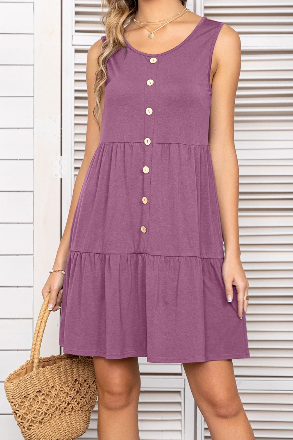 Decorative Button Scoop Neck Sleeveless Tiered Dress