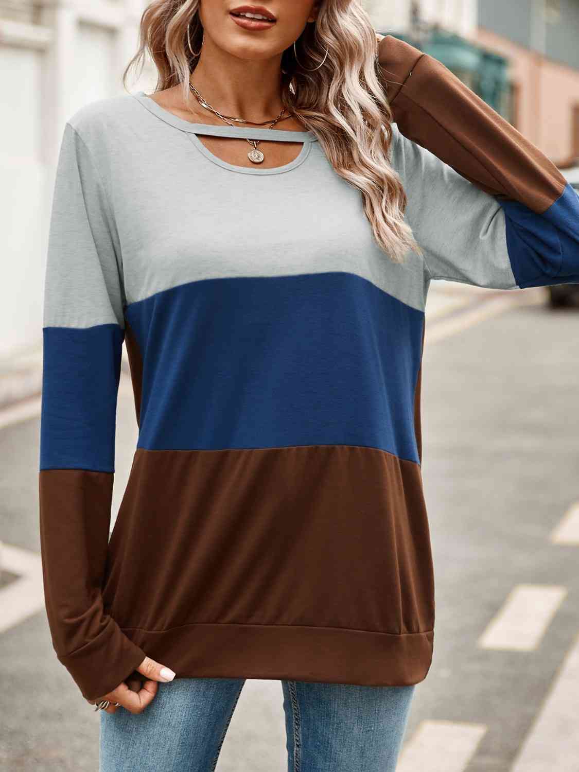 Perfect Day Color Block Cutout Long Sleeve T-Shirt