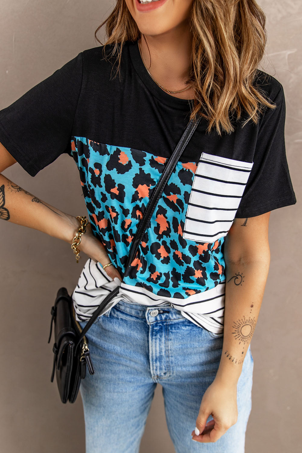 Mixed Print Color Block Round Neck Tee Shirt