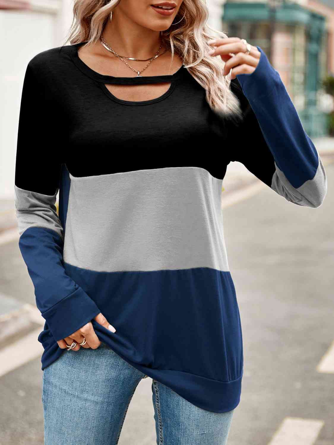 Perfect Day Color Block Cutout Long Sleeve T-Shirt