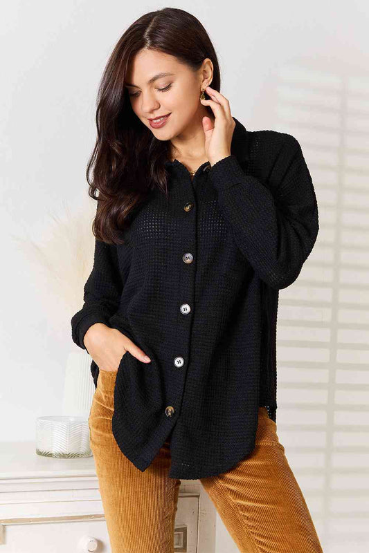 Black Waffle-Knit Collared Neck Dropped Shoulder Shirt - RTS