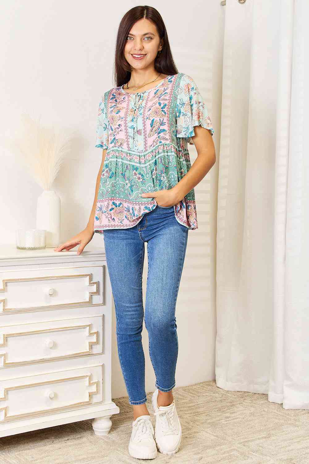 Take It Floral Boho Short Sleeve Blouse - RTS