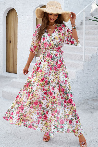 Printed Tied Half Sleeve Slit Dress