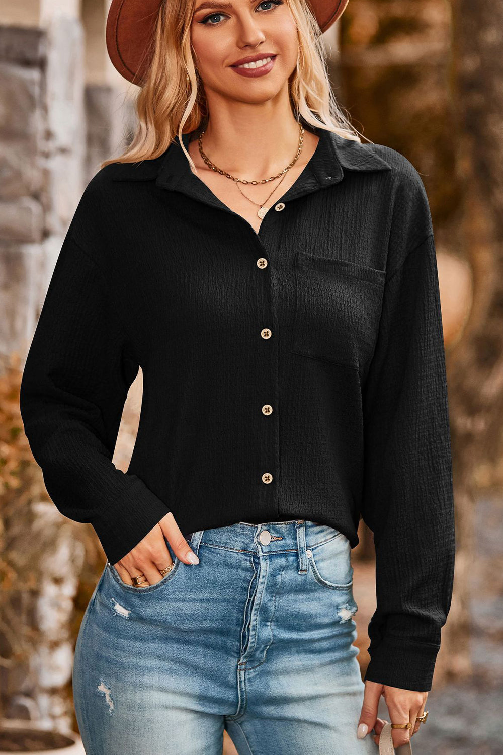 Twisted Collared Neck Long Sleeve Shirt