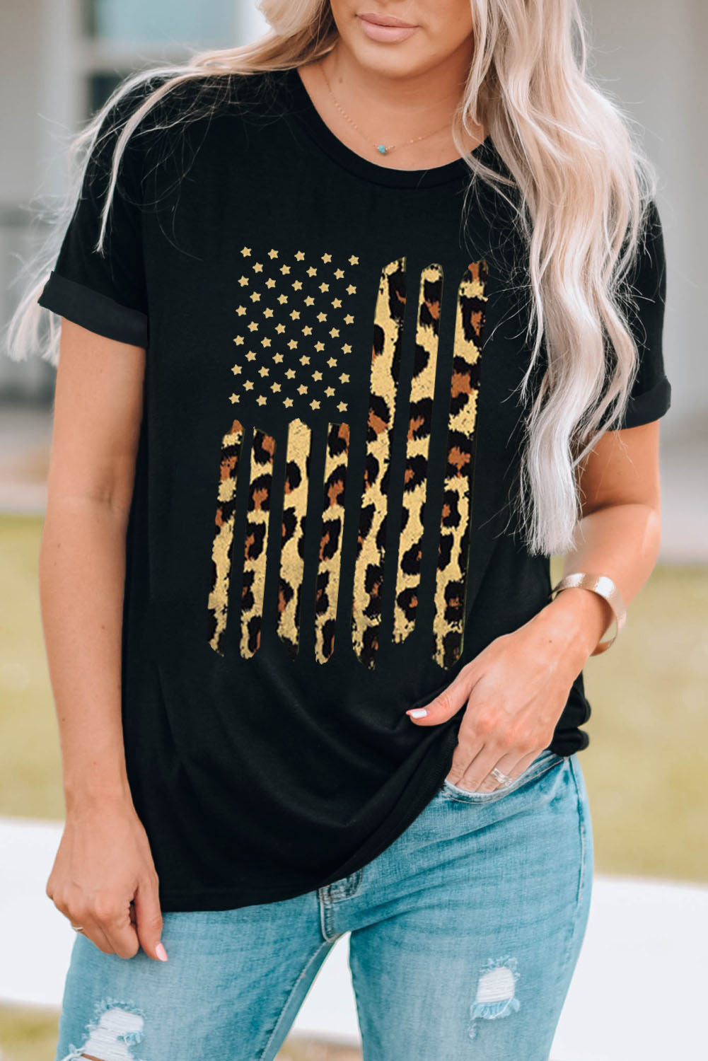 Leopard Stars and Stripes Graphic Round Neck Tee