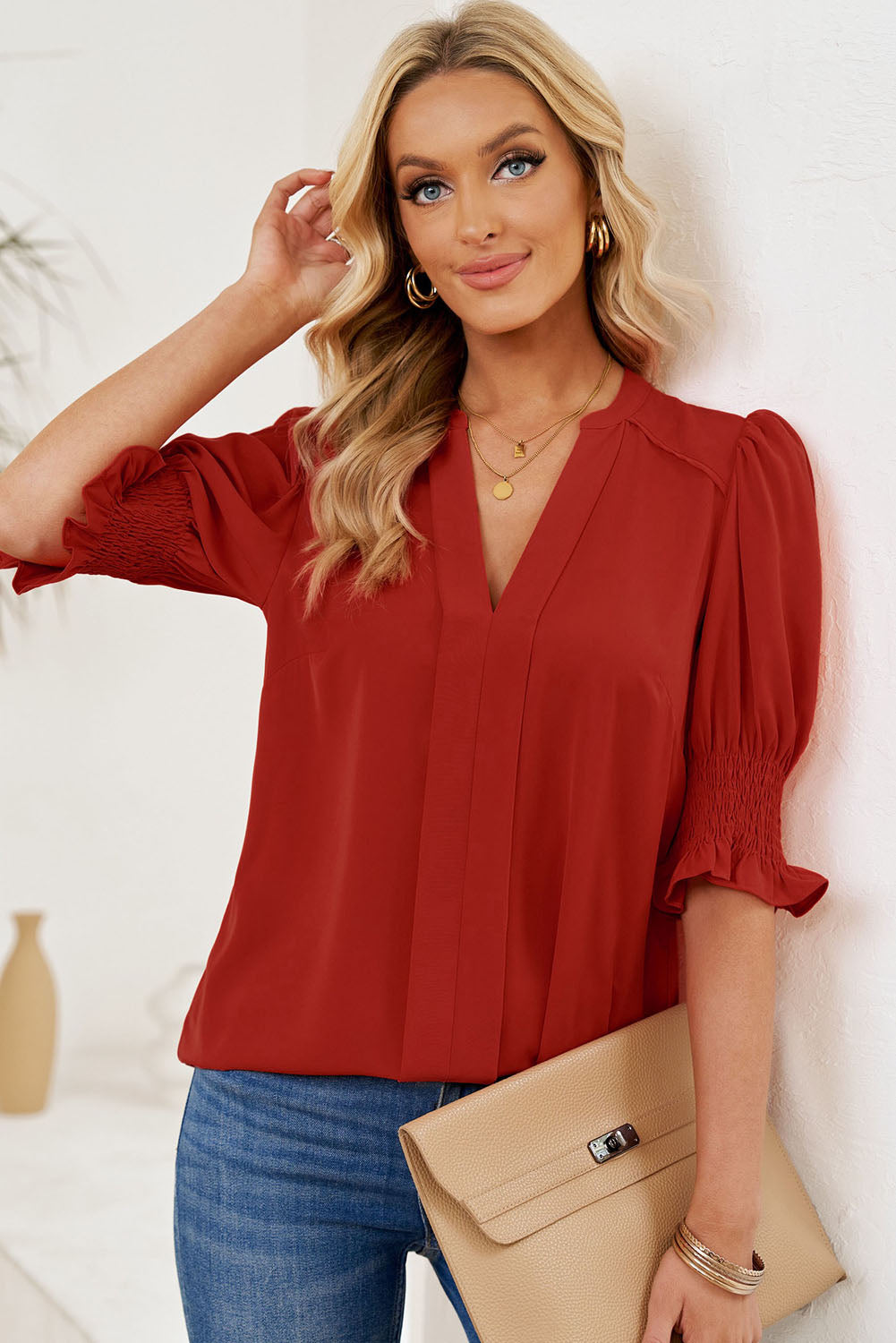 Trendsi Smocked Flounce Sleeve Notched Neck Blouse