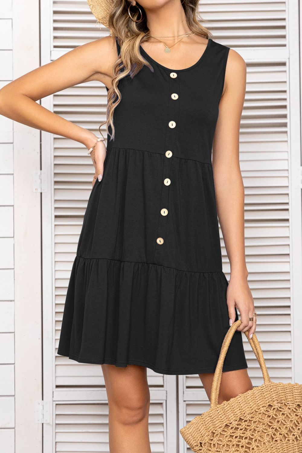 Decorative Button Scoop Neck Sleeveless Tiered Dress