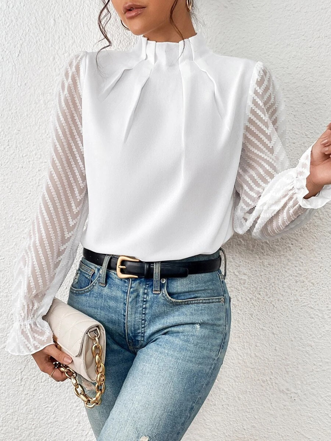 Look Like a Boss Mock Neck Flounce Sleeve Blouse