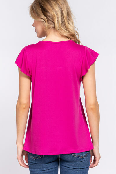 ACTIVE BASIC Magenta Ruffle Short Sleeve Lace Detail Knit Top