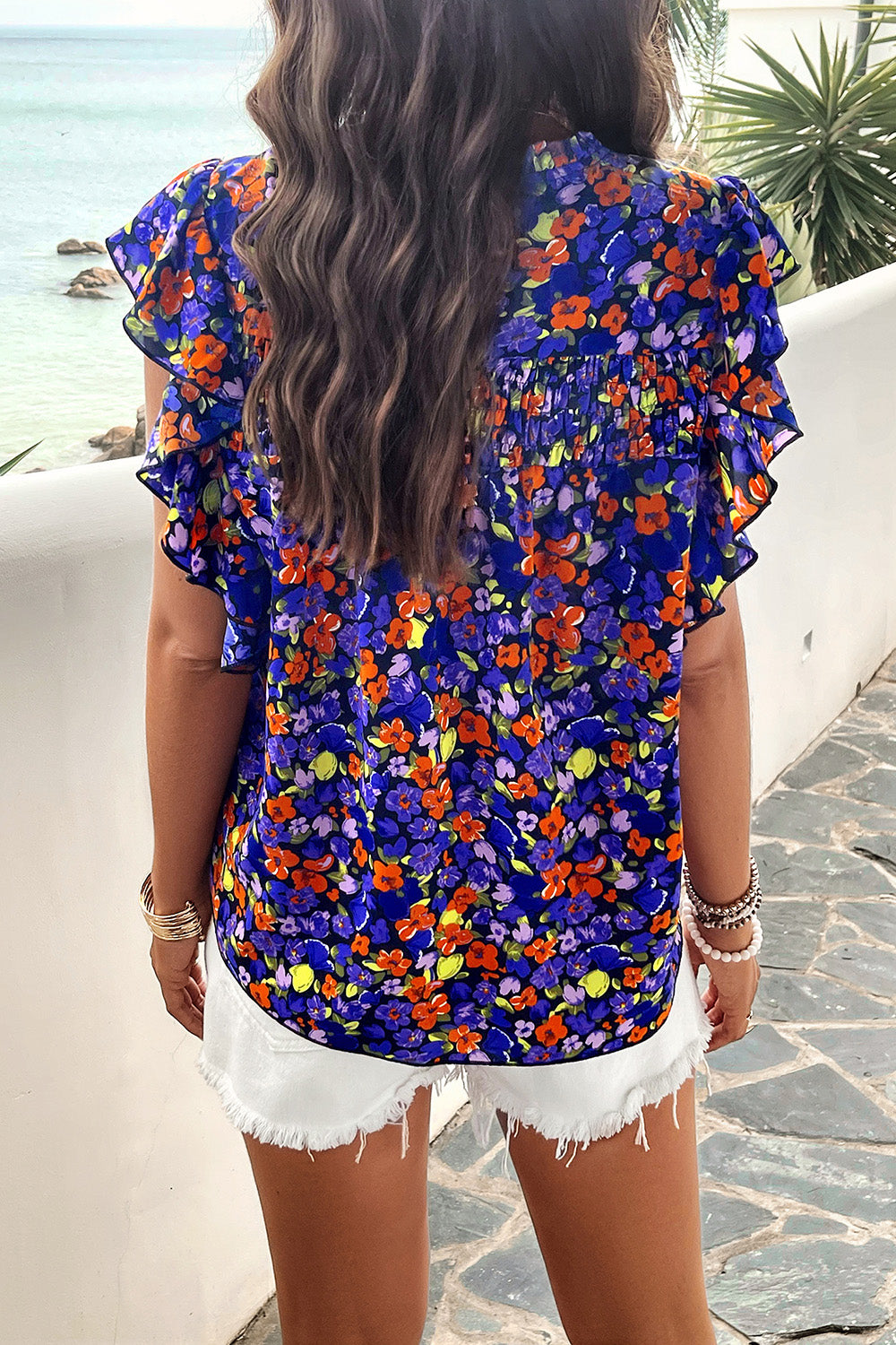 Smocked Printed Mock Neck Cap Sleeve Blouse