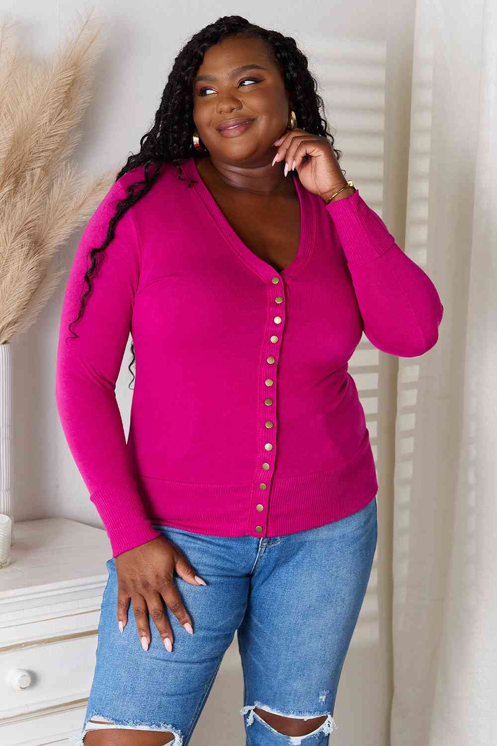 Zenana Pink Button V-Neck Long Sleeve Cardigan