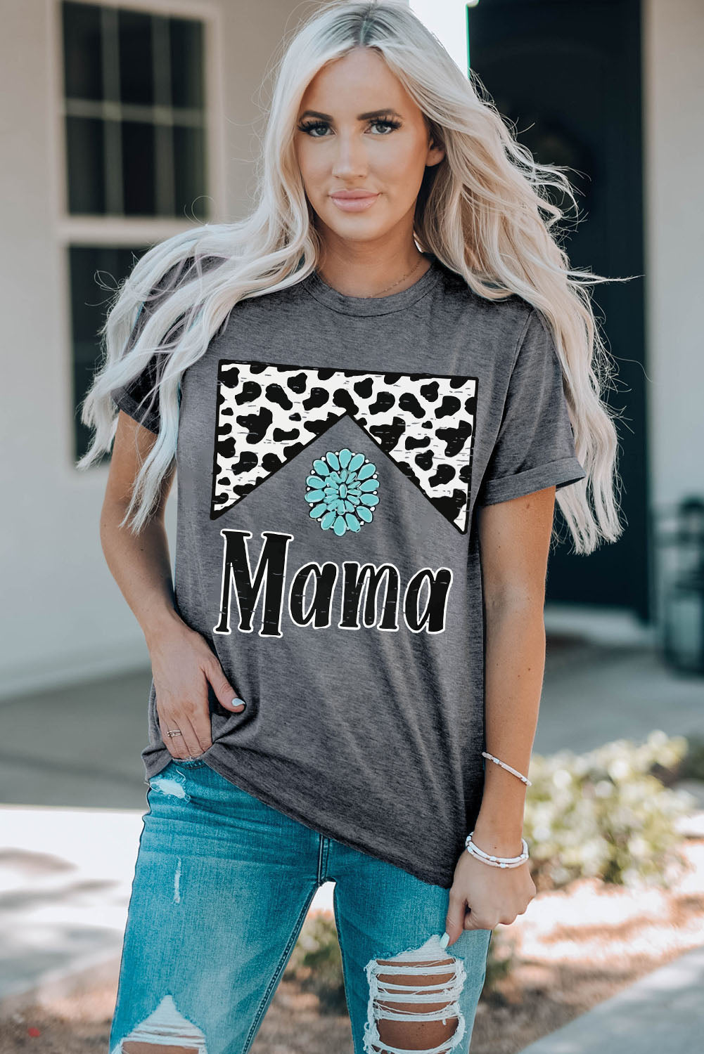 MAMA Graphic Cuffed Sleeve Round Neck Tee