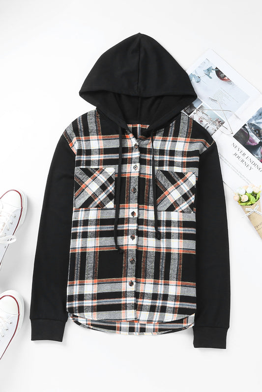 Plaid Drawstring Button Front Hooded Jacket