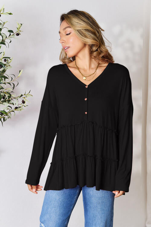 Chic Half Button Long Sleeve Ruffle Hem Blouse