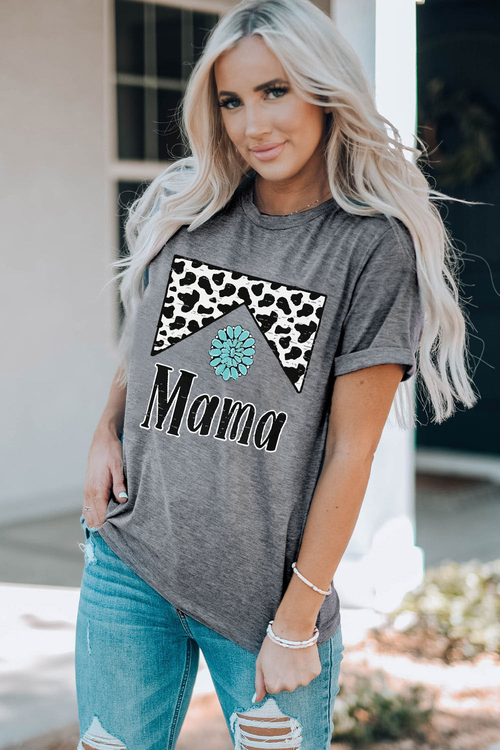 MAMA Graphic Cuffed Sleeve Round Neck Tee