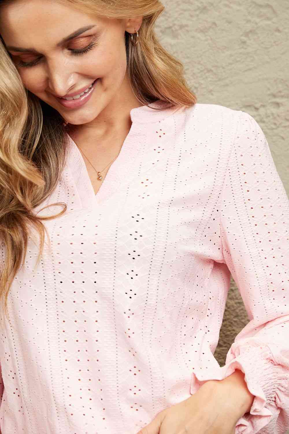 Double Take Eyelet Notched Neck Flounce Sleeve Blouse