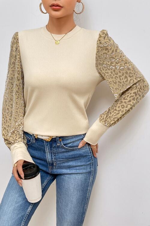 Leopard Roar Long Sleeve Ribbed Knit Blouse