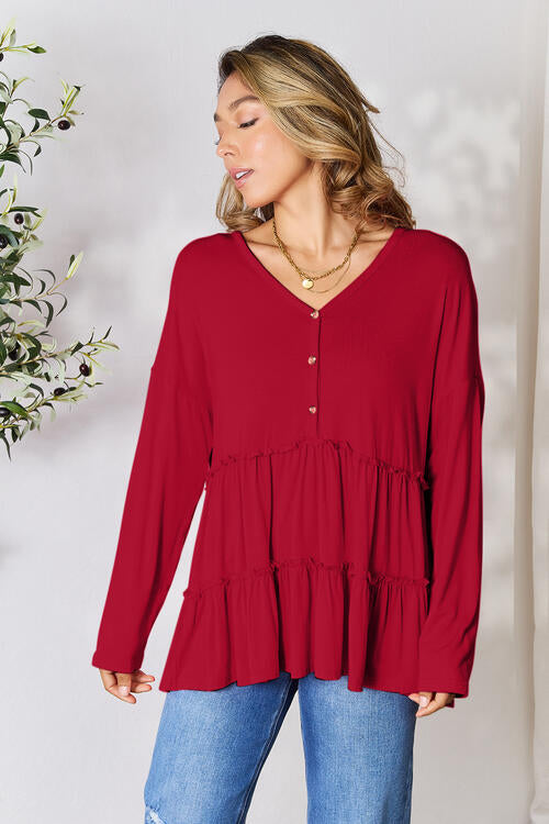 Chic Half Button Long Sleeve Ruffle Hem Blouse