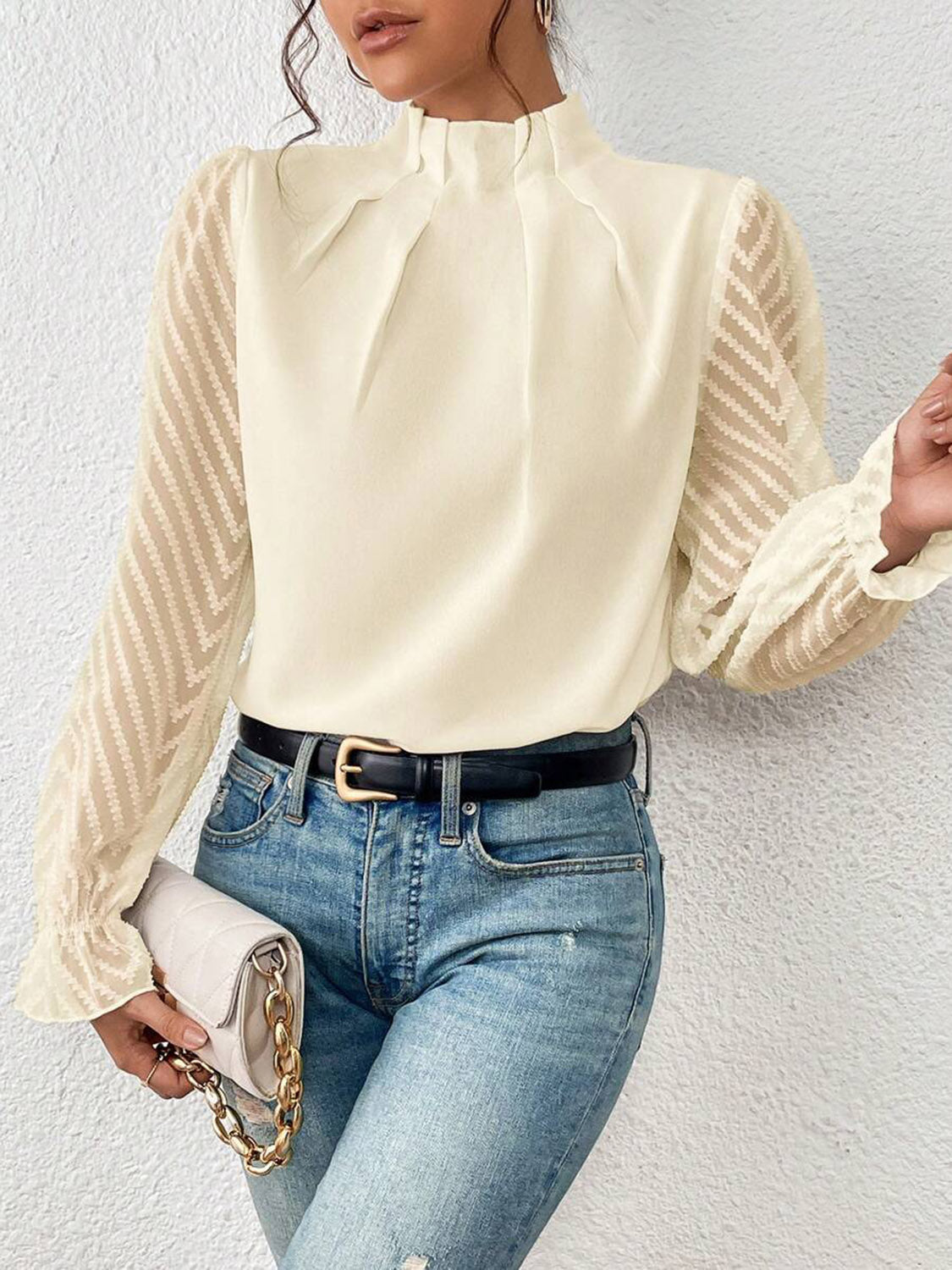 Look Like a Boss Mock Neck Flounce Sleeve Blouse