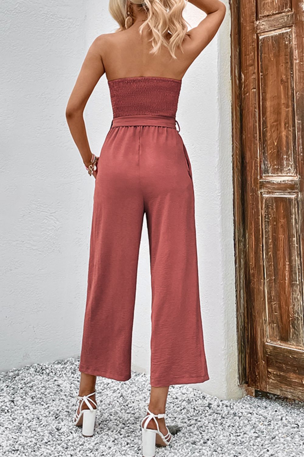 Decorative Button Strapless Smocked Jumpsuit with Pockets