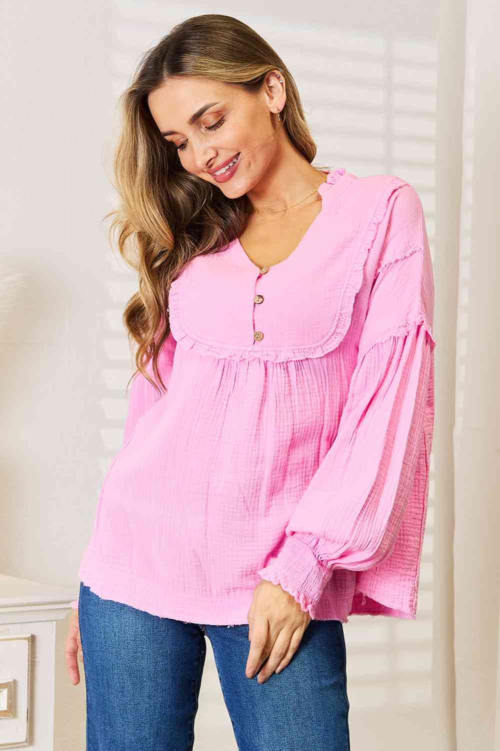 Barbie Party Buttoned Notched Neck Blouse - RTS