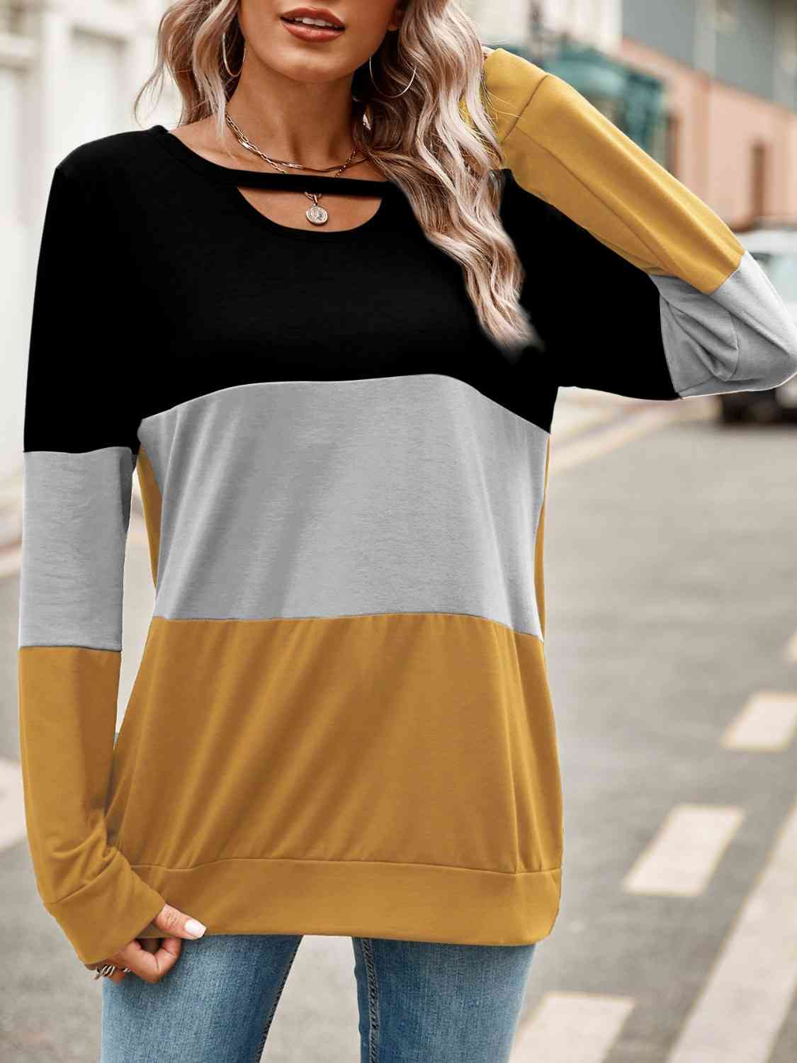 Perfect Day Color Block Cutout Long Sleeve T-Shirt