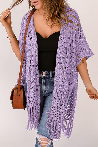 Openwork Open Front Cardigan with Fringes