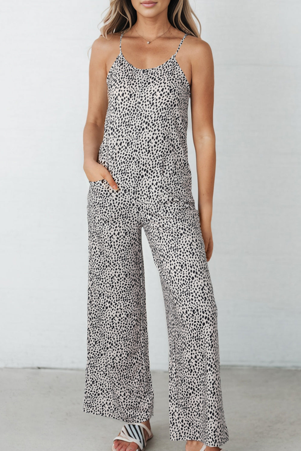 Printed Spaghetti Strap Jumpsuit with Pockets