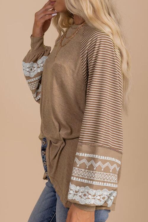 Tan Striped Round Neck Long Sleeve Blouse