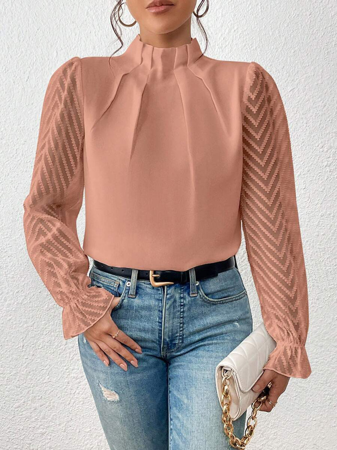 Look Like a Boss Mock Neck Flounce Sleeve Blouse