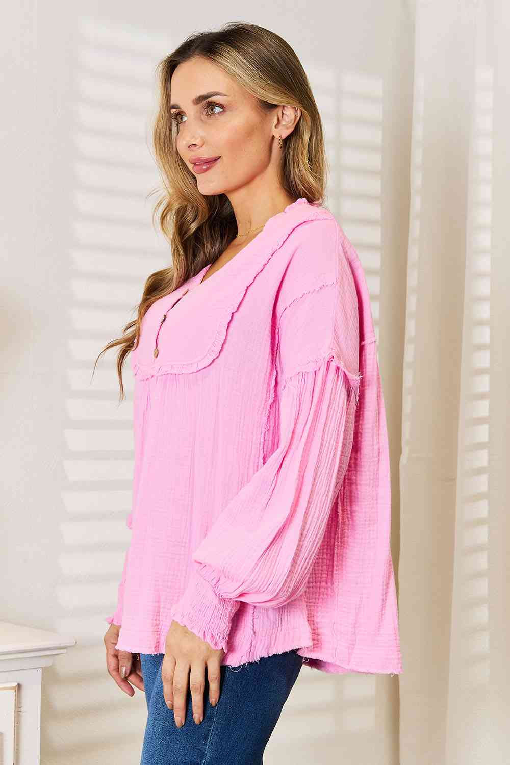 Barbie Party Buttoned Notched Neck Blouse - RTS