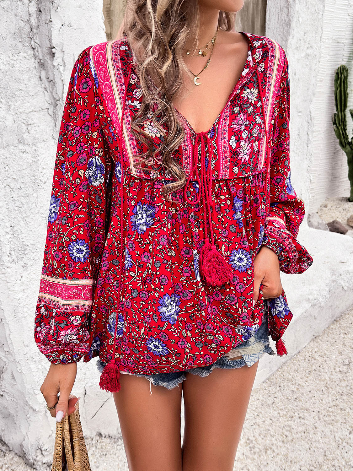 Boho Tassel Tie Neck Long Sleeve Blouse