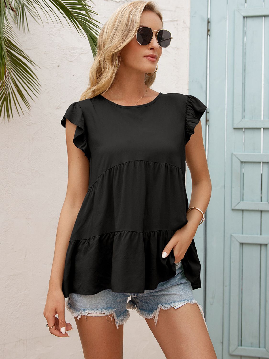 Round Neck Flutter Sleeve Tiered Blouse