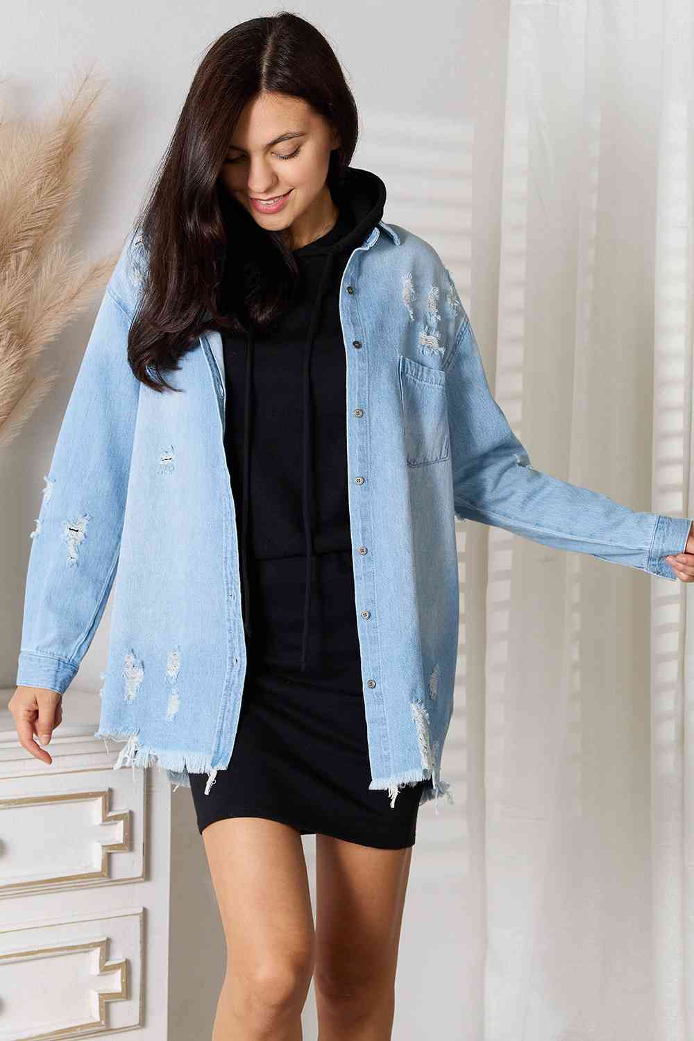 RISEN Mercy Distressed Raw Hem Denim Jacket