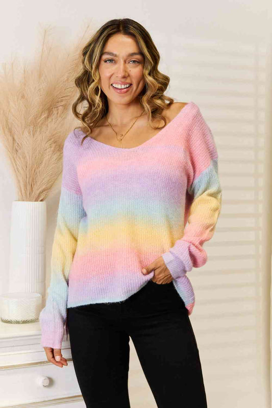 Rainbow Gradient V-Neck Sweater