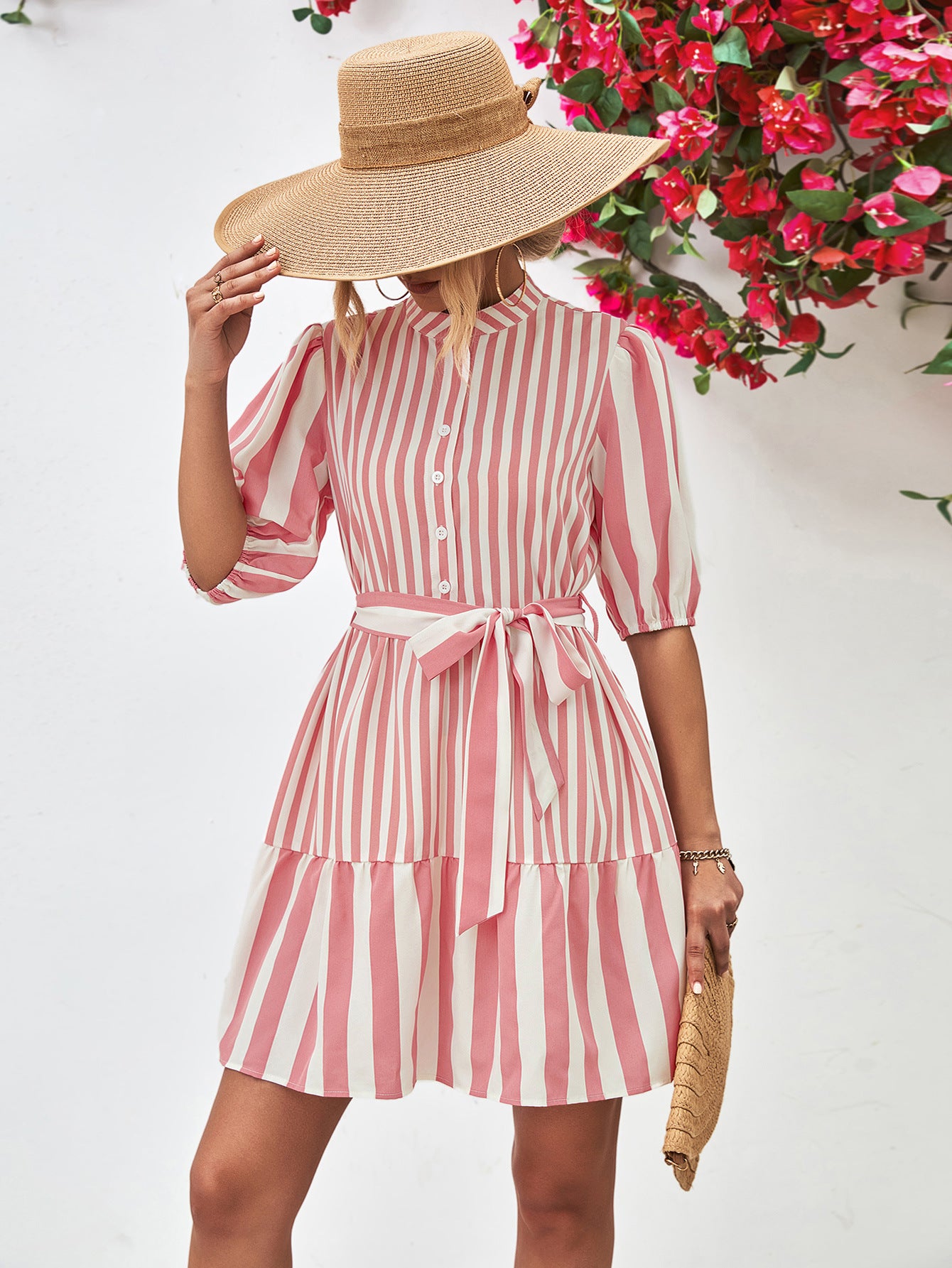 Striped Half Sleeve Tie Waist Mini Dress