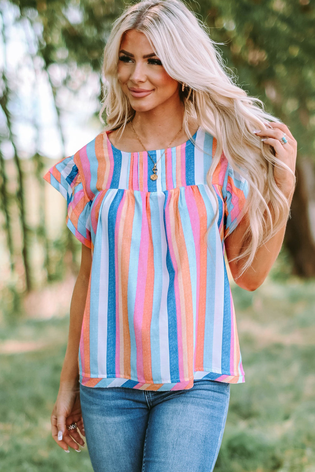 Multicolored Stripe Flutter Sleeve Blouse