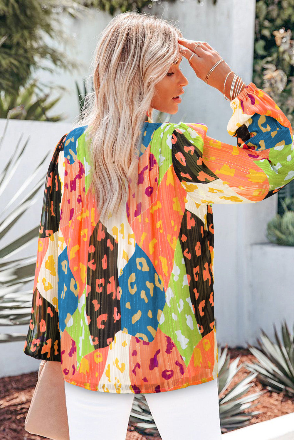 Printed Notched Long Sleeve Blouse